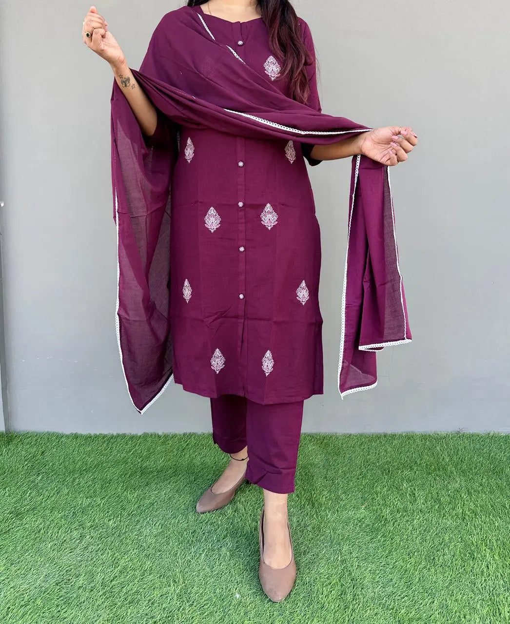 Maroon Indian Women 3Pcs Cotton Dress Suit Womenswear Aesthetic Asian Clothes Long Sleeve