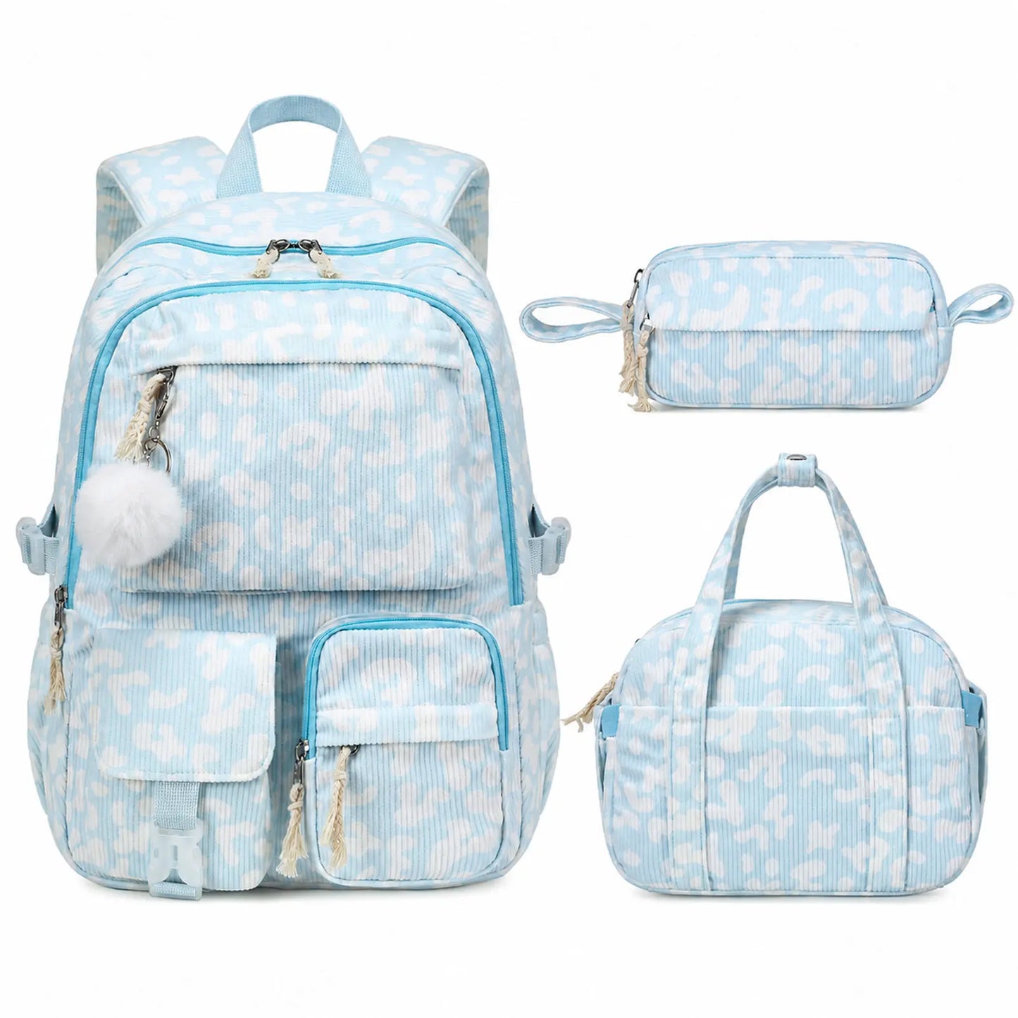 Similove Corduroy Floral Backpack for Girls, 3-Pocket Kawaii 3/4PCS Toddler Bookbag with Lunch Bag&Pencil Case&Water Bottle, Lightweight Casual Daypack for Preschool Travel