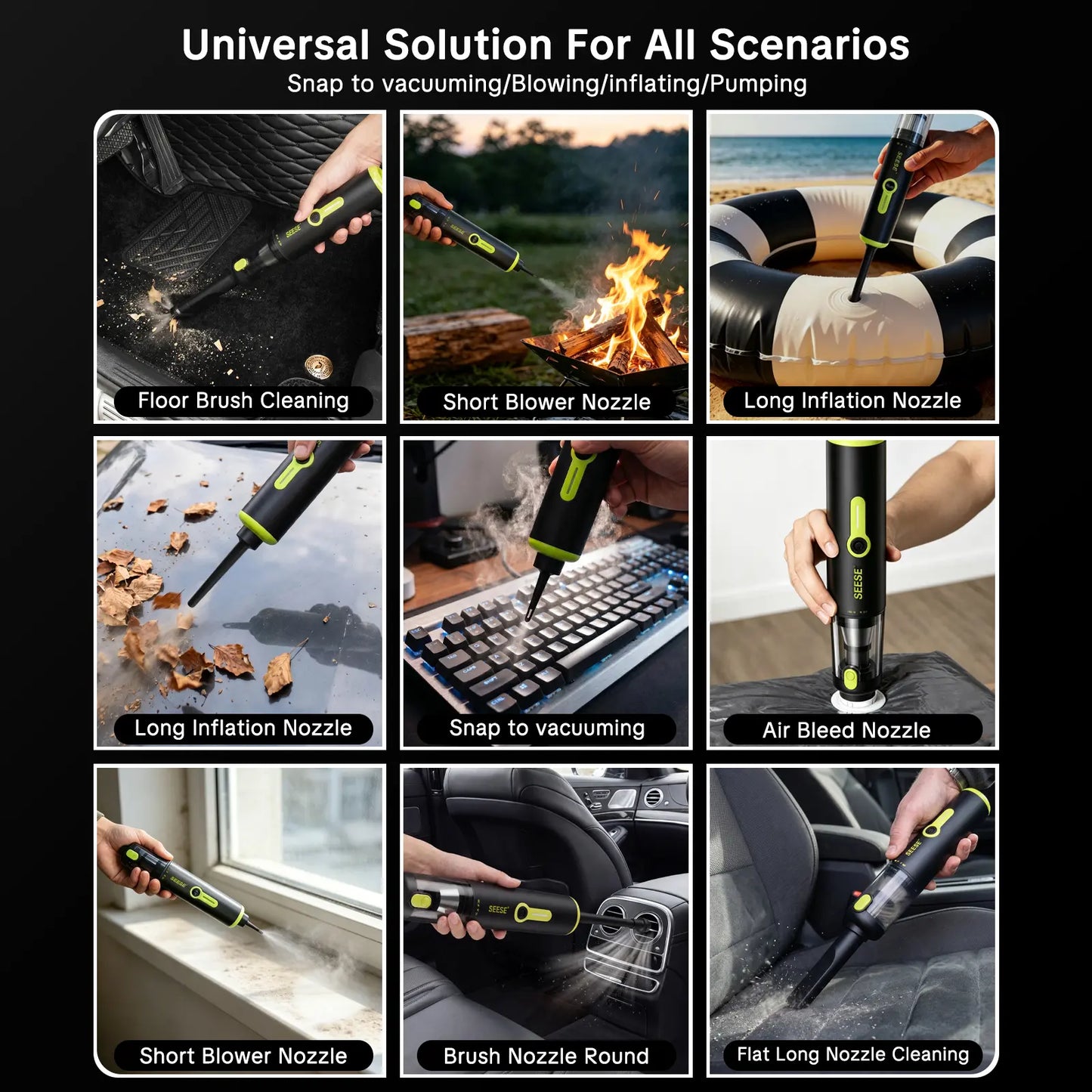 SEESE Car Vacuum Portable Cordless, 20000Pa 2 in 1 Vacuum Cleaner&Air Duster, 100W Brushless Motor Handheld Vacuum Cordless with 6000Mah Battery, Multi-Nozzles for Car, Home, Office, Pet