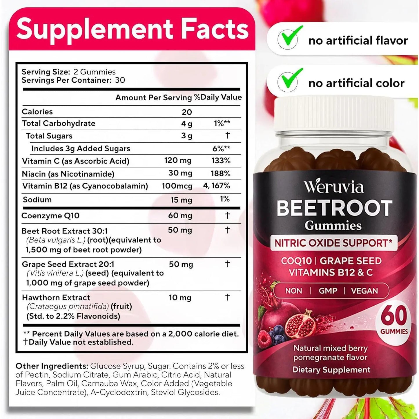 Beetroot Gummies — a Beetroot Supplement Enriched with Coq10, Grape Seed Extract, Vitamin C, B12, and B3 — Nitric Oxide Gummies to Promote Blood Circulation — a Beetroot Product for Energy Support and Immune Boosting