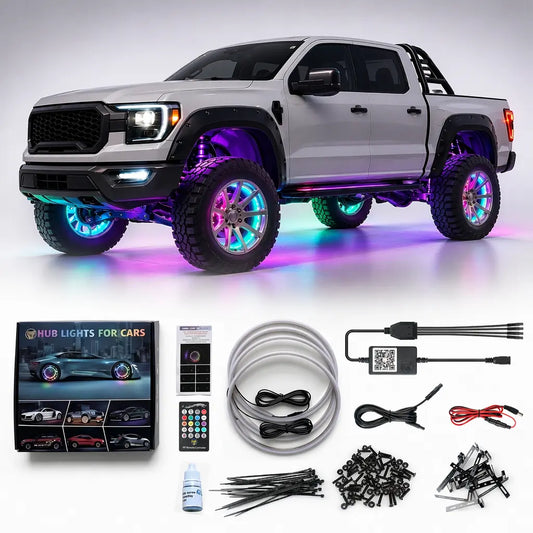 Ultimate 4PCS RGB LED Wheel Ring Light Kit with APP & Remote Control for Car Truck - IP67 Waterproof Decorative Light Accessories, Chasing Flow RGB Rim Light, RGB Coaxial Speaker Lights with Bluetooth