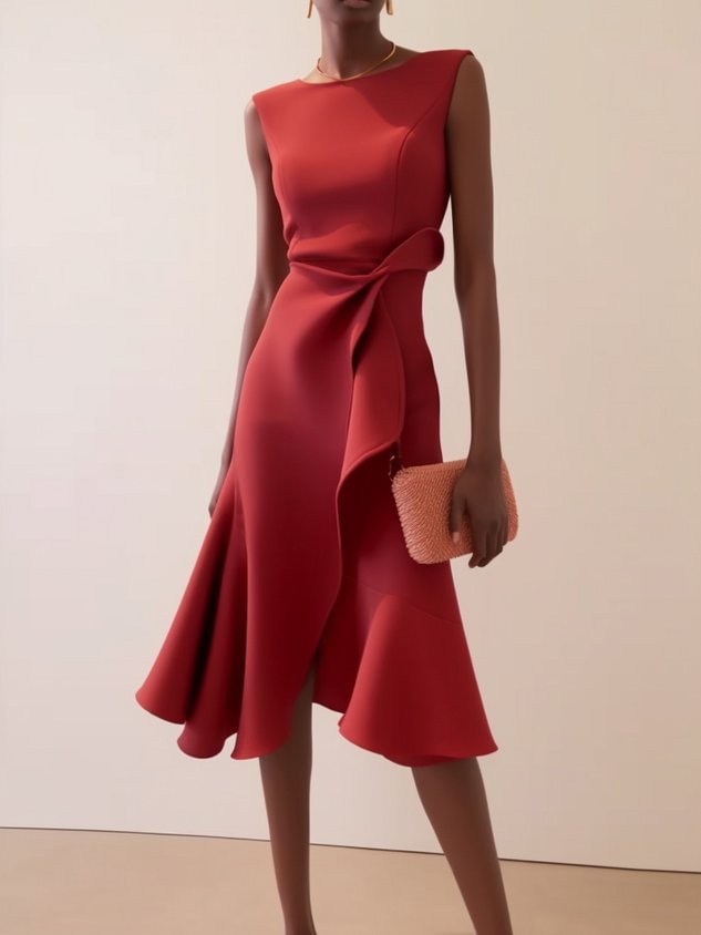 Women's Bow-knot Sleeveless Dress Summer Round Neck Red Temperament