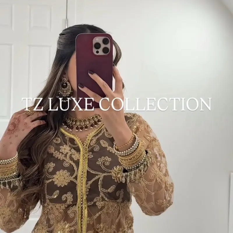 Indian Wedding Wear Long Style Net Sharara with Gold Sequin and Glitter Work for Women'S Party Wear Elegant Design and Versatile Occasion - Elegance, Dress Silk Golden Lightweight Outfit