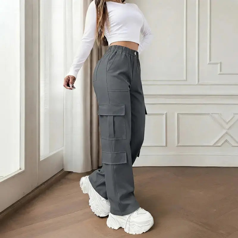 Women’S Cargo Straight-Leg Pants, Mid-Rise Elastic Waistband, Large Side Pockets, Drapey Fabric, Versatile Wide-Leg Floor-Length Casual Pants, Street-Style Trendy Long Pants Summerwins