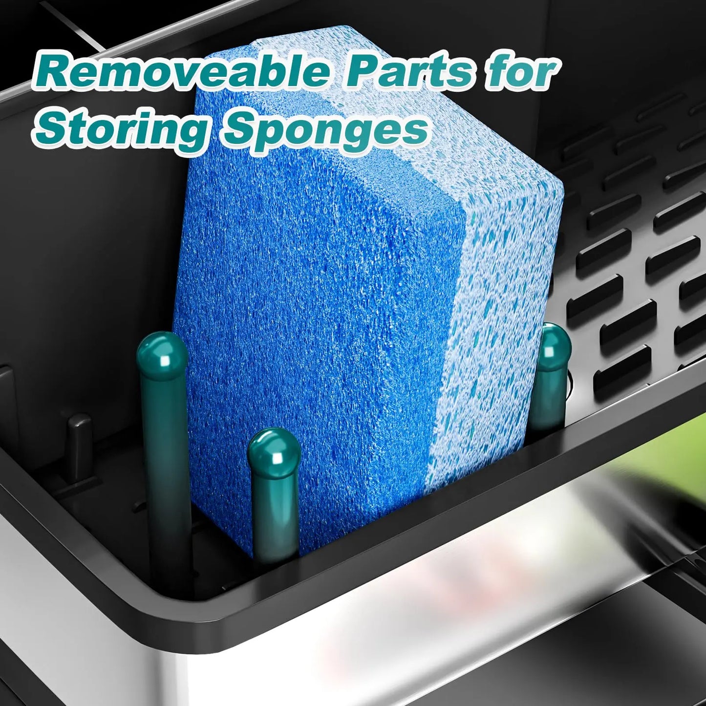 Stainless Steel Sink Caddy, Sponge Holder for Kitchen Sink with Brush Holder and Towel Rack, Sink Organizer for Countertop, Soap Dispenser Kitchen Organizers Storage Essentials