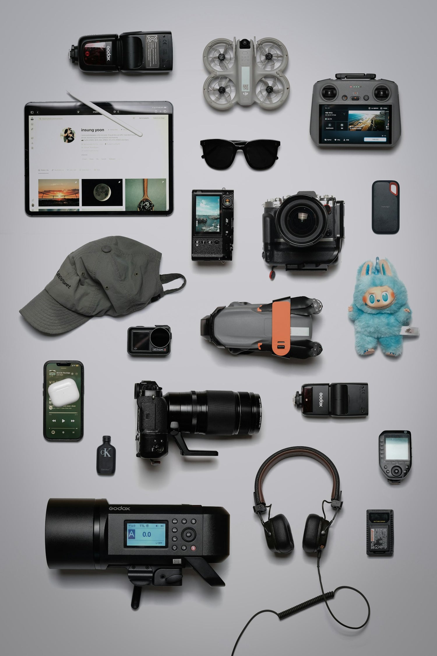 Flat lay of tech gadgets and electronics
