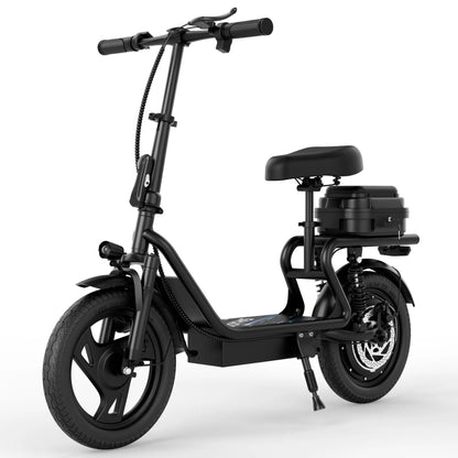 48V Dual Battery Foldable Electric Scooter with Seat, Rear Storage Box, 750W Peak Power, 22MPH Fast Speed, 21-27 Mi Range, 14" Anti-Slip Inflatable Tires, Dual Brake System, 51Lbs Lightweight, 265Lbs Max Load, Waterproof LED Headlamp