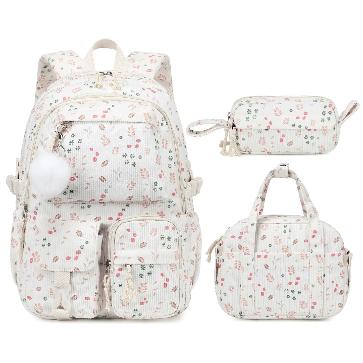 Similove Corduroy Floral Backpack for Girls, 3-Pocket Kawaii 3/4PCS Toddler Bookbag with Lunch Bag&Pencil Case&Water Bottle, Lightweight Casual Daypack for Preschool Travel