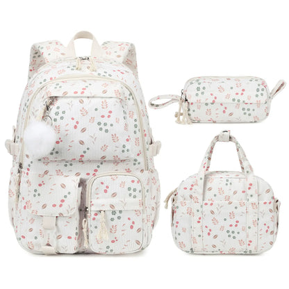 Similove Corduroy Floral Backpack for Girls, 3-Pocket Kawaii 3/4PCS Toddler Bookbag with Lunch Bag&Pencil Case&Water Bottle, Lightweight Casual Daypack for Preschool Travel