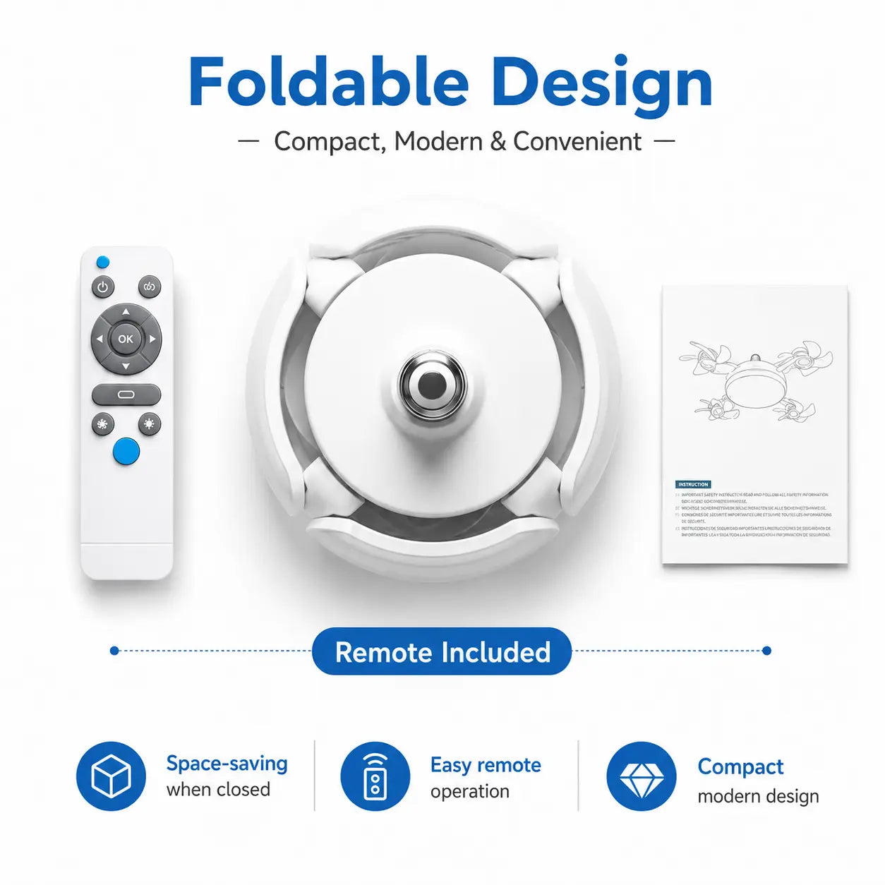 Ceiling Fan Light with Remote Control, 19.69 Inch Screw in Fan Heads, Quiet Airflow & Bright Lighting, Easy LED Fan Light, E26/E27 Base Foldable Ceiling Fan with 4 Installation for Bedroom, Living Room, Kitchen, Office, Dorm, Small Room Use