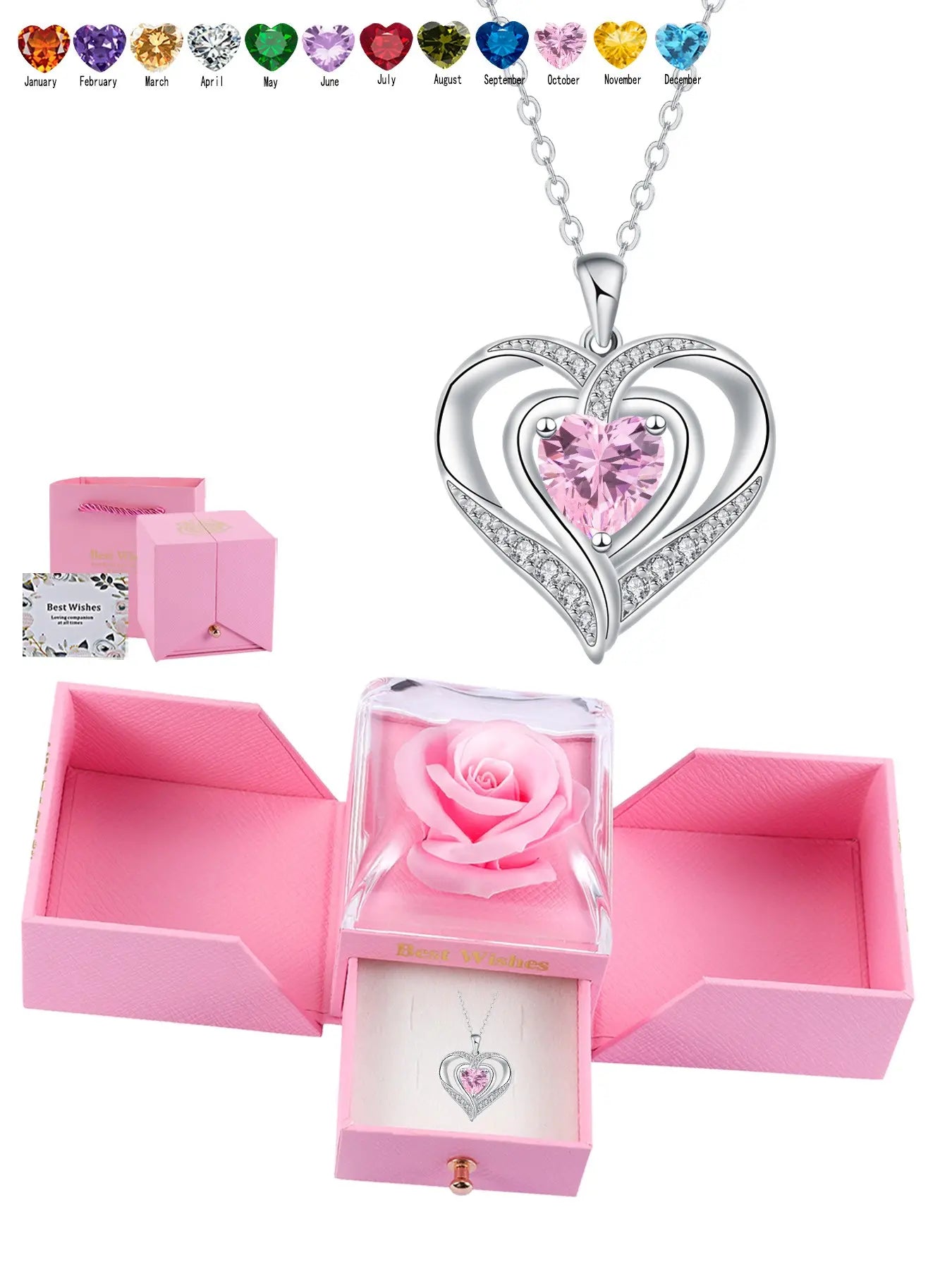 Nested Hearts Birthstone Pendant Necklace with Eternal Flower - Comes with Exquisite Rose Gift Box Romantic Gift Set Jewelry Gift for Valentine'S Day & Birthday,A Gift for My Wife, Mother, and Girlfriend