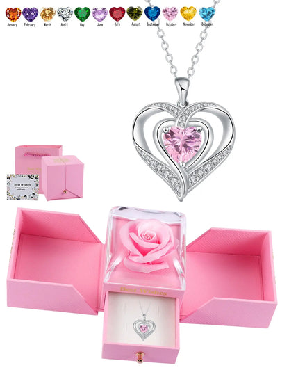 Nested Hearts Birthstone Pendant Necklace with Eternal Flower - Comes with Exquisite Rose Gift Box Romantic Gift Set Jewelry Gift for Valentine'S Day & Birthday,A Gift for My Wife, Mother, and Girlfriend