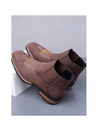 Men Square Chelsea Boots PU Fashion Classic Embroidery Retro Comfortable Western Ankle Cowboy Boots Elegant Boots Casual Boots Western Style Boots Western Inspired Boots Embroidered Boots