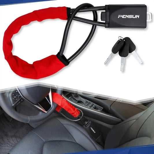 17-Inch Automotive Mechanical Wheel Steering Locks & Security Unit - Wheel+Seat Belt Anti-Theft Guard, Deters Theft, Car Interior Accessory with Lock, Fits Most Cars/Suvs, Dashboard & Key Operation Compatible