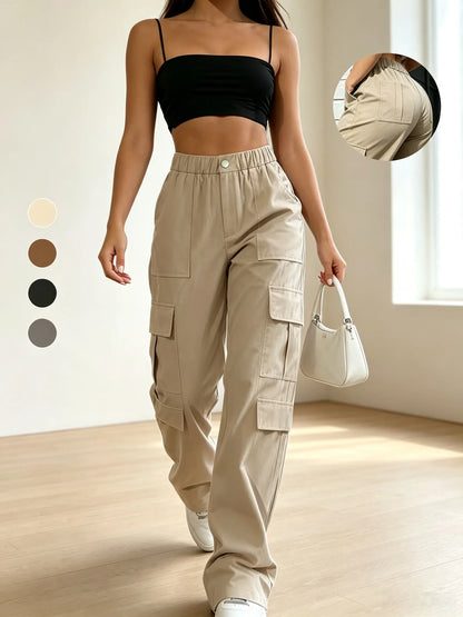 Women’S Cargo Straight-Leg Pants, Mid-Rise Elastic Waistband, Large Side Pockets, Drapey Fabric, Versatile Wide-Leg Floor-Length Casual Pants, Street-Style Trendy Long Pants Summerwins