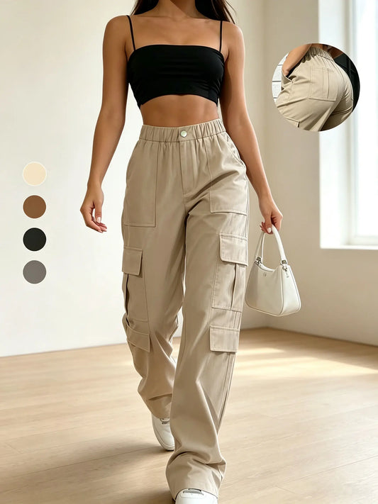 Women’S Cargo Straight-Leg Pants, Mid-Rise Elastic Waistband, Large Side Pockets, Drapey Fabric, Versatile Wide-Leg Floor-Length Casual Pants, Street-Style Trendy Long Pants Summerwins