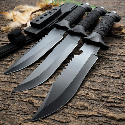 Multi Profile Kitchen Meat Cutting Knife - Black Coated Stainless Steel Fixed Blade with Segmented Textured Anti-Slip Handle for Household Food Prep, Kitchen Knives
