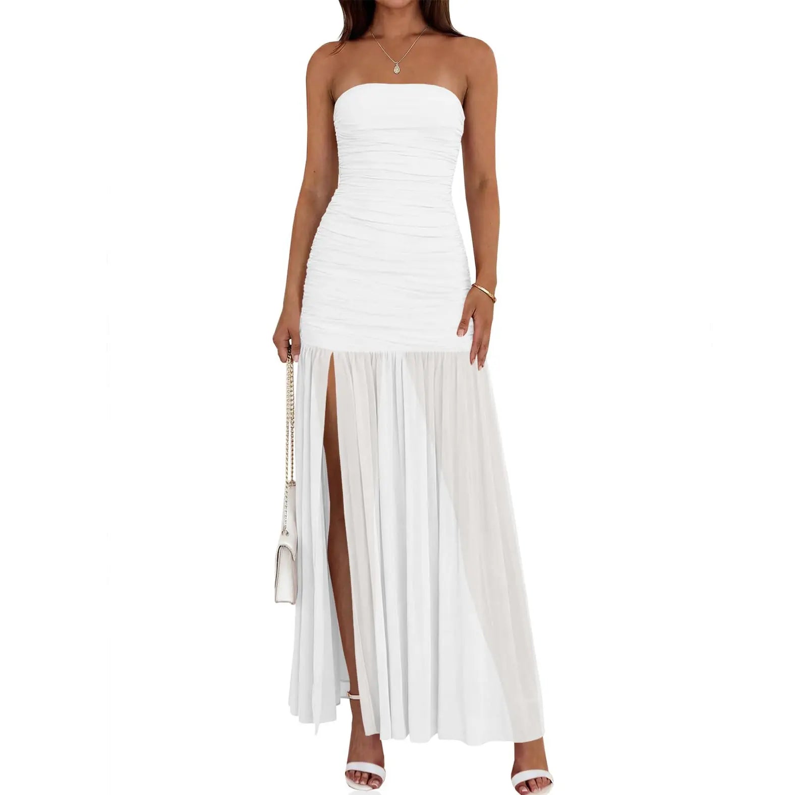 Wenrine Women'S Summer Tube Top Dress Strapless Mesh Sexy Ruched Patchwork High Slit Long Cocktail Party Maxi Dresses