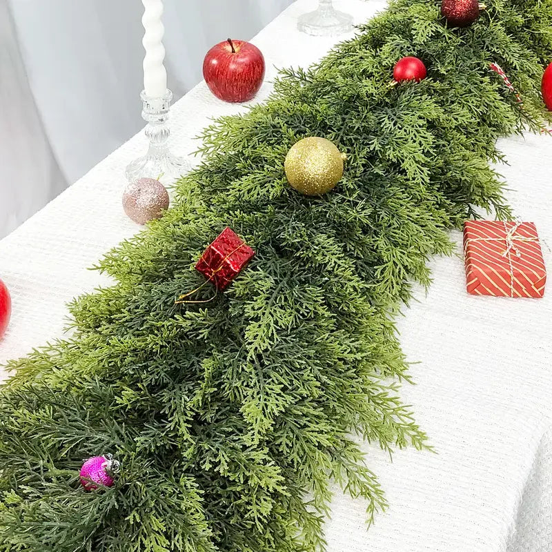 2-Pack 6 FT Artificial Cedar Garlands, Real Touch Winter Cedar Garland, Green Artificial Greenery Pine Garland for Table, Mantle, Wall, Indoor & Outdoor Christmas Decorations (2 Pcs, 6 FT).