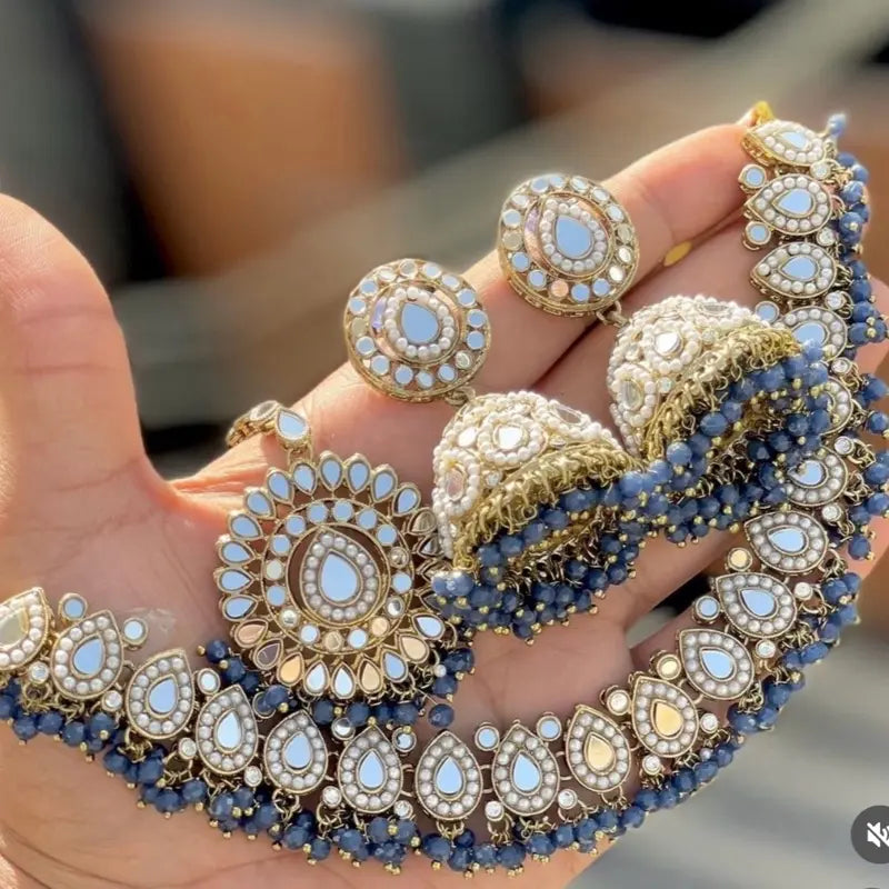 Indian Wedding Mirror Jewelry Set - Mirror Necklace, Tikka, Jhumka Earrings