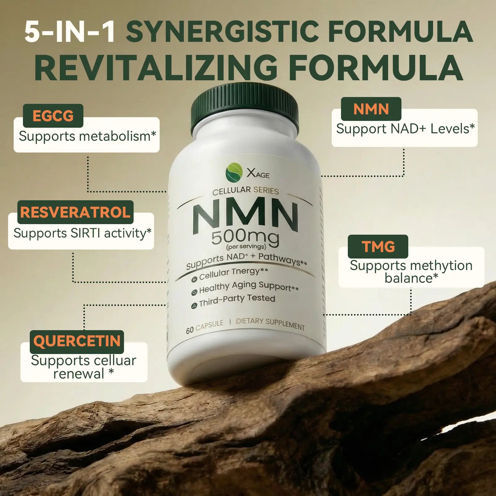 XAGE NMN 500Mg Antioxidant Capsules - Edible Dietary Supplements for Cellular Energy Support, Metabolism Boost, Body Health