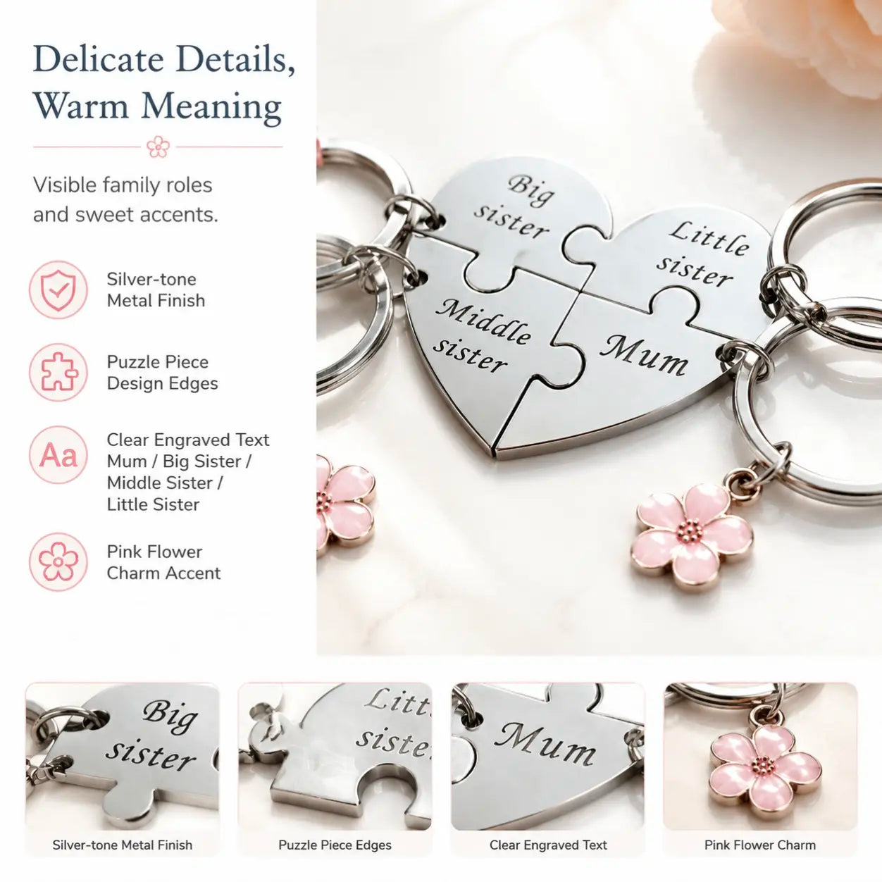 Mother Daughter Keychain for 4 – Mom & Three Sisters (Big, Middle, Little) – Thoughtful Gift for Mother’S Day, Birthday, or Any Occasion