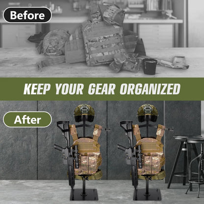 Heavy Duty Tactical Gear Stand Helmet Vest Belt Display Rack, All-Steel Adjustable Tactical Vest Hanger, Hold up to 70 Lbs, Silicone Base
