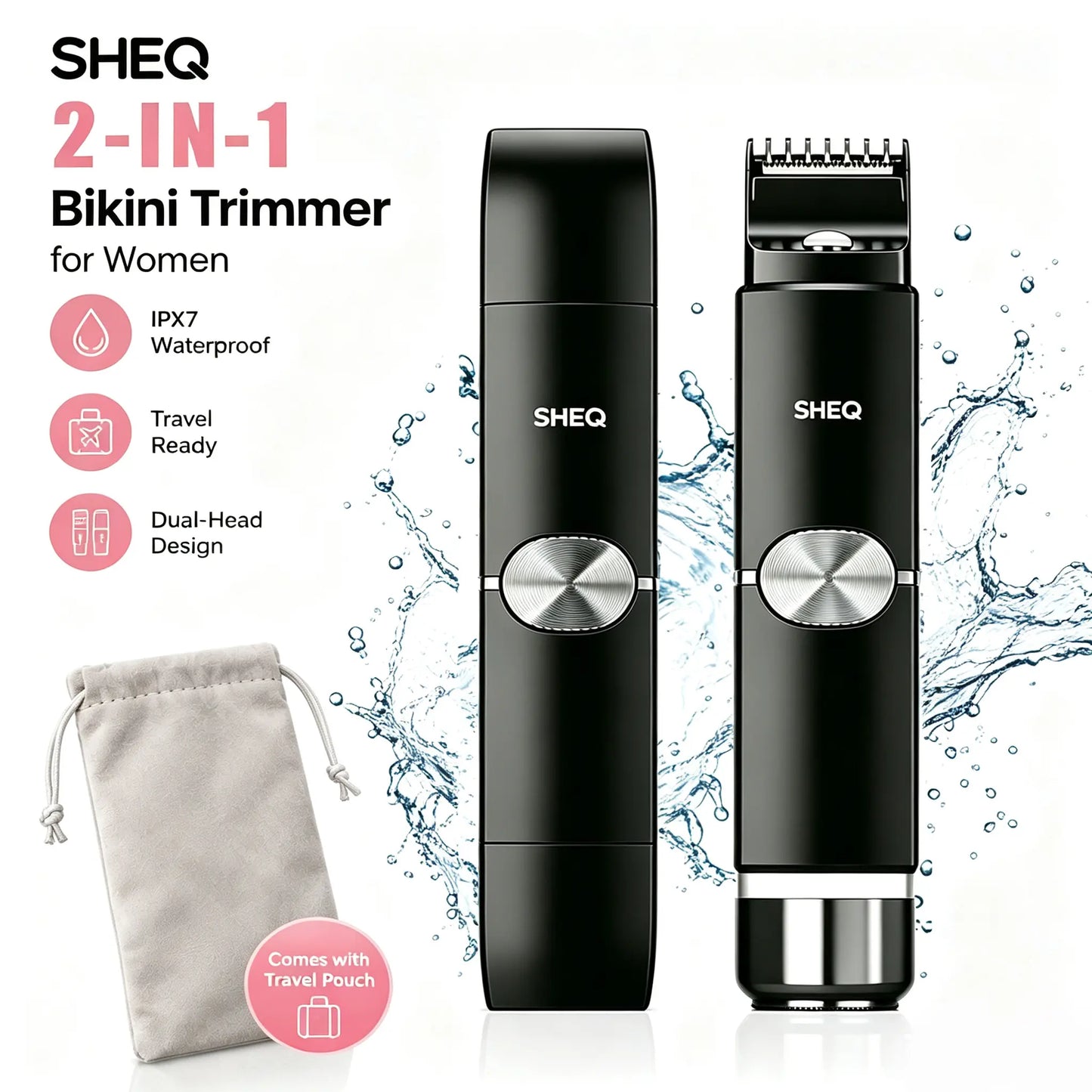 Portable Electric Bikini Trimmer for Women, Rechargeable 2-In-1 Electric Shaver with Dual Heads, IPX7 Waterproof Body Grooming Tool for Pubic Hair, Underarms, Face & Legs, Travel Essential with Storage Pouch