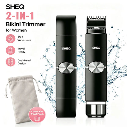 Portable Electric Bikini Trimmer for Women, Rechargeable 2-In-1 Electric Shaver with Dual Heads, IPX7 Waterproof Body Grooming Tool for Pubic Hair, Underarms, Face & Legs, Travel Essential with Storage Pouch