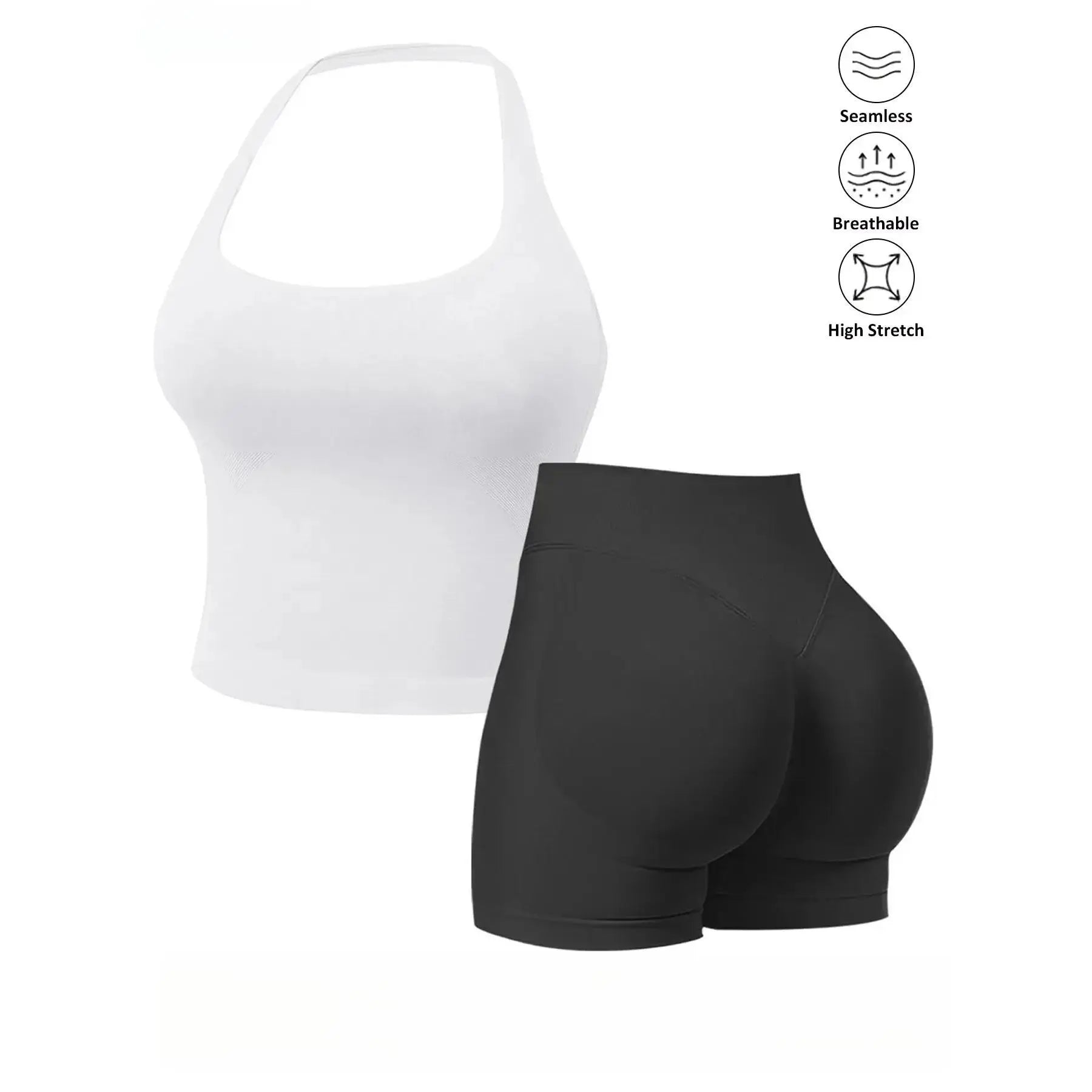 Seamless 2 Piece Workout Athleisure Sets for Women, Halter Built-In Bra Tank Top & Scrunch Booty Shorts, Breathable Quick Dry Activewear for Yoga Gym Running Summer Free Shipping