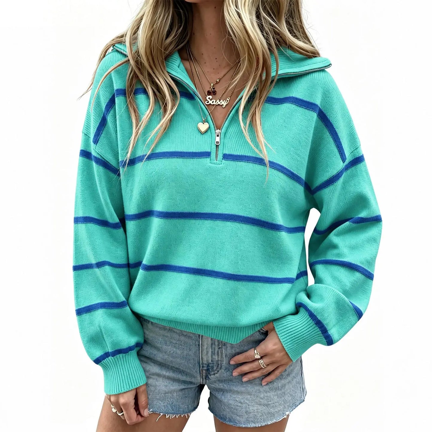 Fisoew Women'S Color Block Striped Quarter Zip Sweater, Lapel Collar Drop Shoulder Long Sleeve Oversized Pullover Knit Top