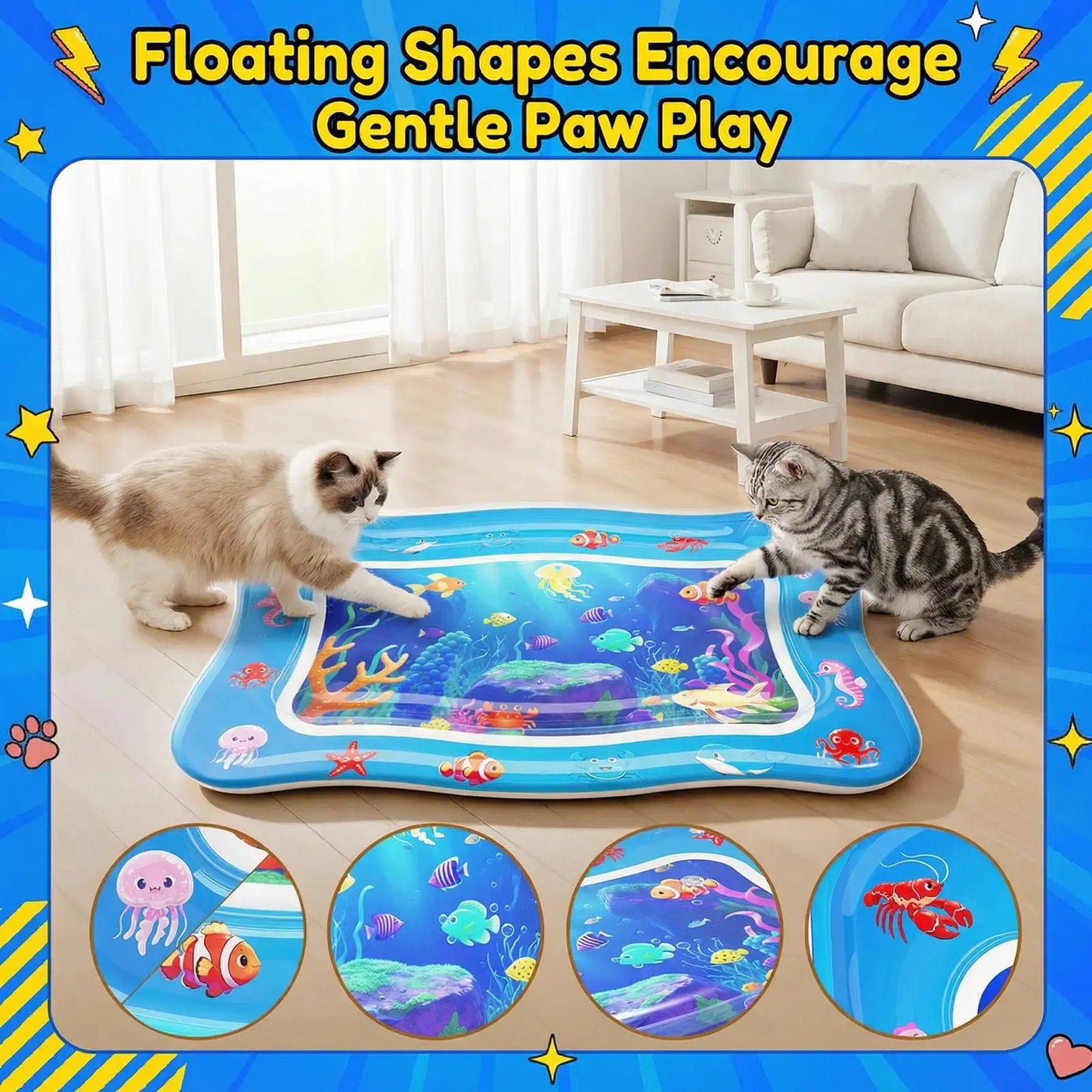 Catpick Cat Water Mat - Upgraded 0.7Mm Thick PVC Interactive Cooling & Heating Bed with Floating Fish, Anti-Scratch Leak-Proof Foldable Water Sensor Play Mat for Cats (17X25In) Dog Accessories Puppy Winter Warm Pet Washable Couch Indoor Cama Para Zon Pad
