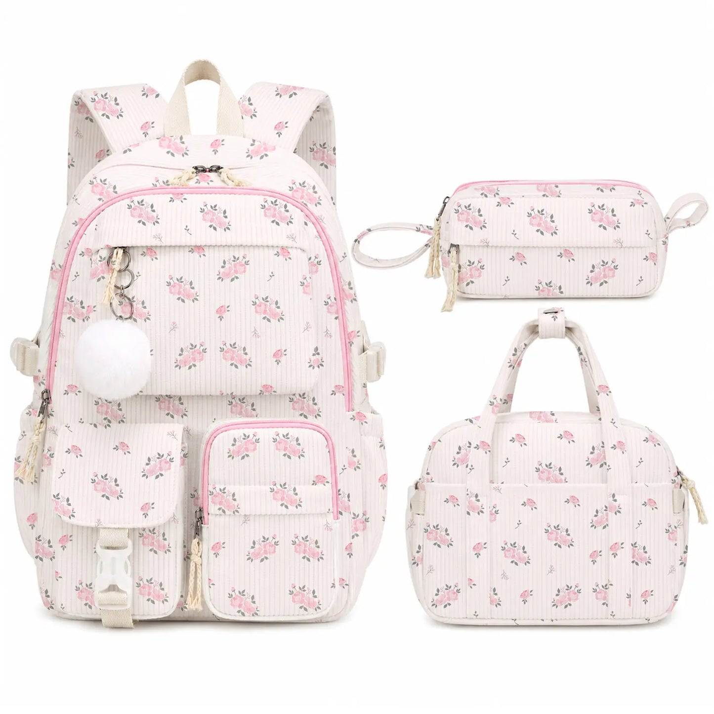 Similove Corduroy Floral Backpack for Girls, 3-Pocket Kawaii 3/4PCS Toddler Bookbag with Lunch Bag&Pencil Case&Water Bottle, Lightweight Casual Daypack for Preschool Travel