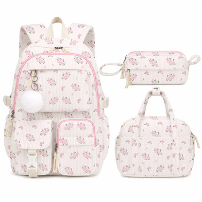 Similove Corduroy Floral Backpack for Girls, 3-Pocket Kawaii 3/4PCS Toddler Bookbag with Lunch Bag&Pencil Case&Water Bottle, Lightweight Casual Daypack for Preschool Travel