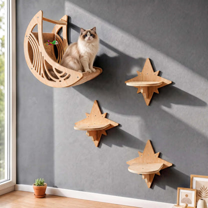 Moon & Star Cat Wall Shelves, Modern Wooden Cat Furniture with Decorative Cutouts, Space-Saving Cat Climbing System & Floating Perch for Indoor Cats