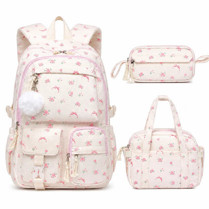 Similove Corduroy Floral Backpack for Girls, 3-Pocket Kawaii 3/4PCS Toddler Bookbag with Lunch Bag&Pencil Case&Water Bottle, Lightweight Casual Daypack for Preschool Travel