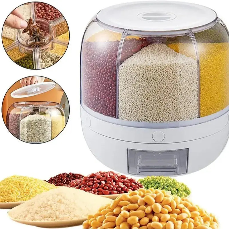 6-Grid 360° Rotating Grain Storage Container Dispenser with 1-Click Output, Kitchen Utensils for Rice, Small Grains and Beans