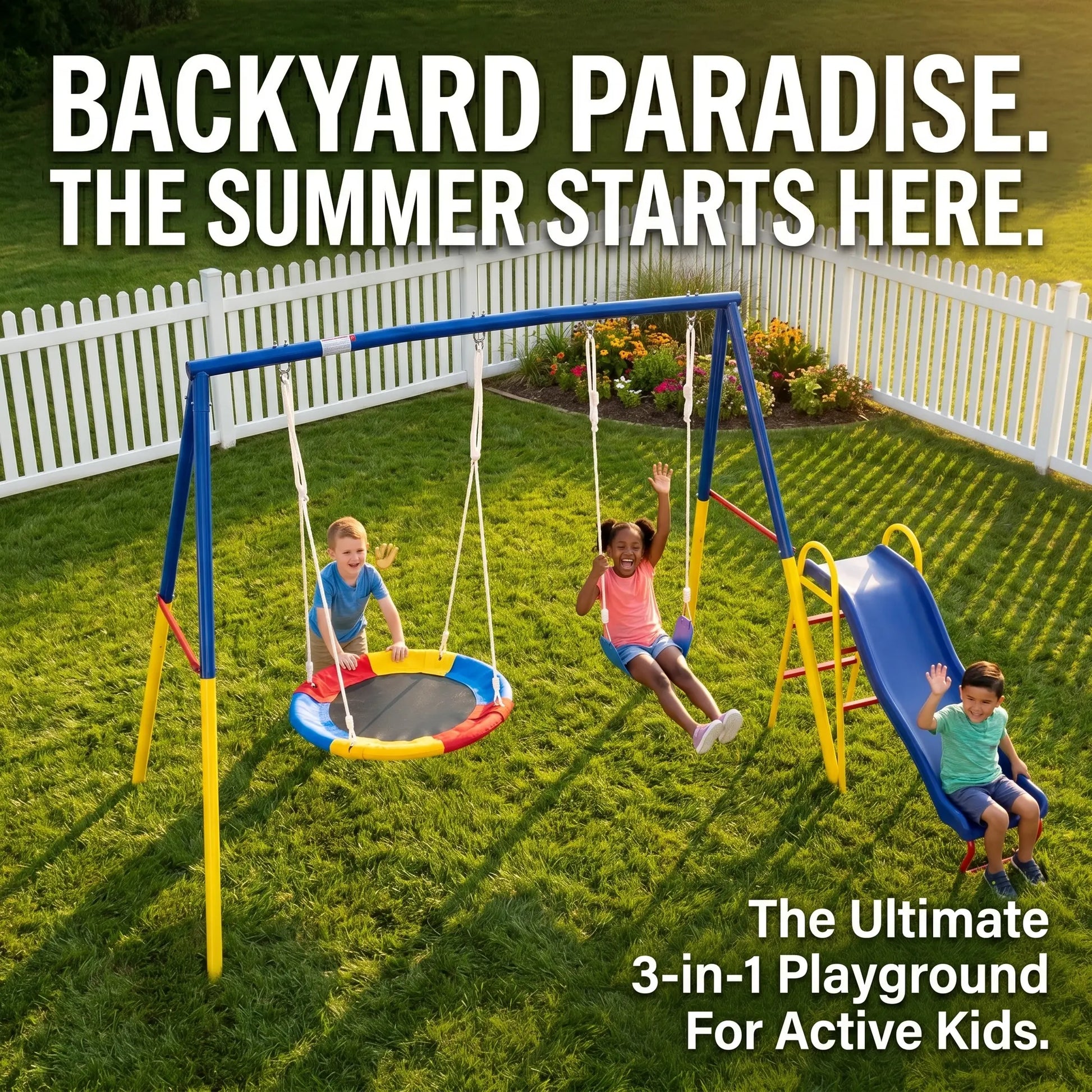 Unisex 3-In-1 Heavy-Duty Metal Playground Equipment Combo - Backyard A-Frame Stand, Toddler Outdoor Slide, 32" Saucer Swing Seat, PE Kids Sports Play Gear, Toddler Slide Outdoor