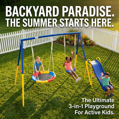 Unisex 3-In-1 Heavy-Duty Metal Playground Equipment Combo - Backyard A-Frame Stand, Toddler Outdoor Slide, 32" Saucer Swing Seat, PE Kids Sports Play Gear, Toddler Slide Outdoor