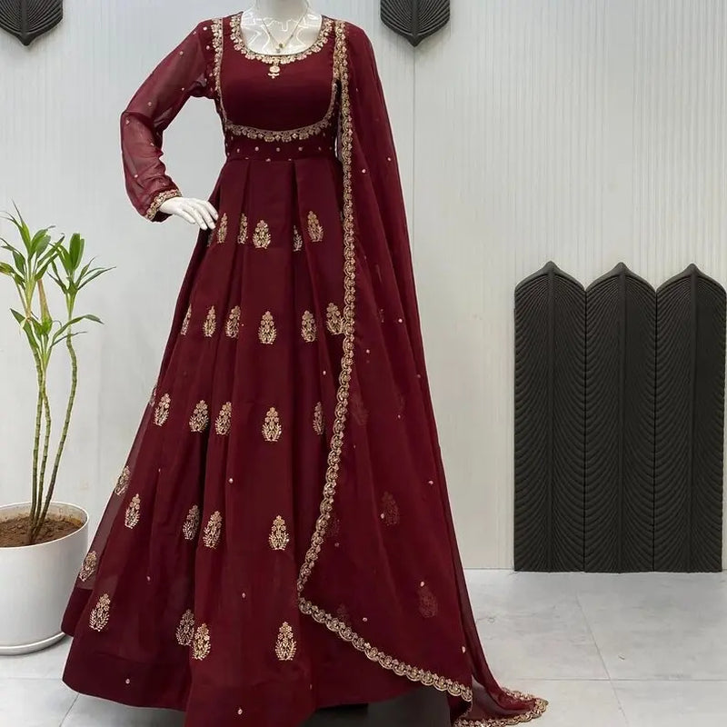 Modern Georgette Sequin Embroidery Gown with Dupatta | Indian Party & Wedding Wear for Women
