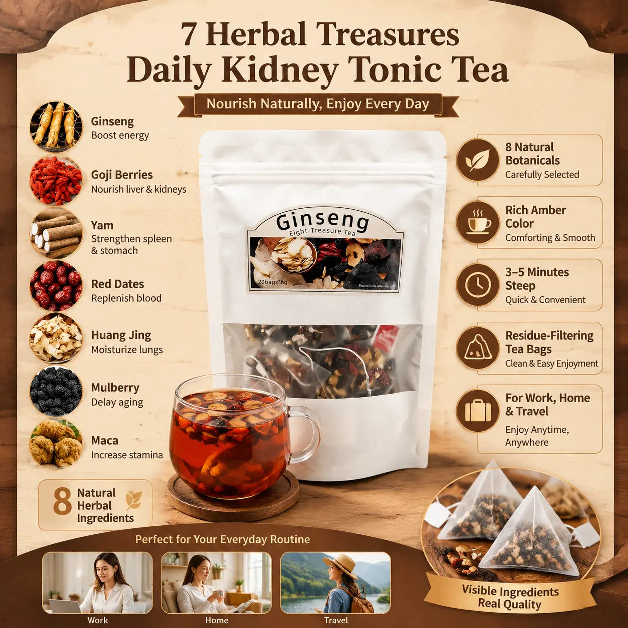 Organic Kidney Cleanse Tea - 8-Treasure Formula with Ginseng, Traditional Detox Tea for Men & Women