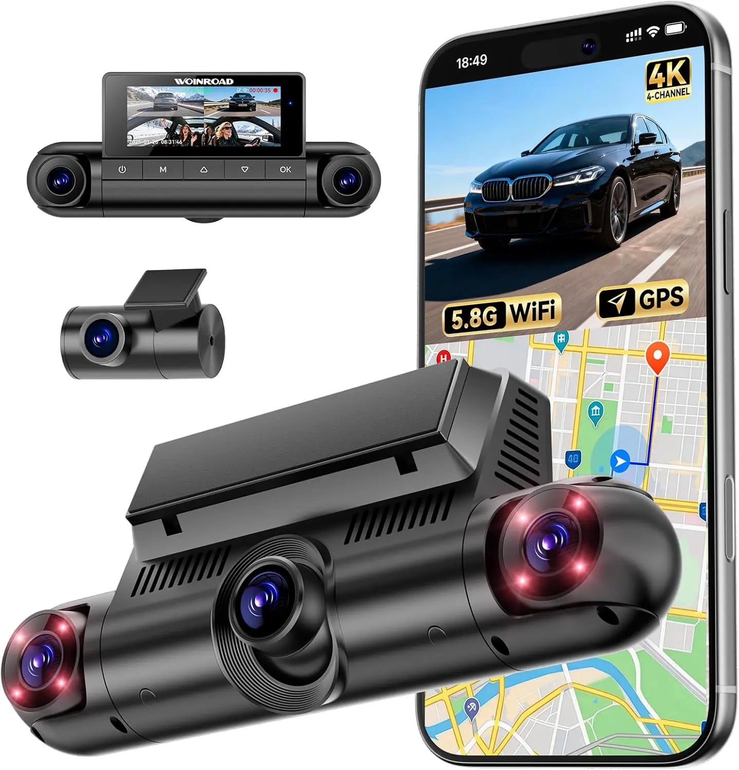 4K 4 Channel Dash Cam Front & 170° to 150° Ultra-Wide Angle 4Lenses Simultaneous Recording 5.8Ghz Wifi GPS 8 IR Lights Gravity Sensor Loop Recording 128GB SD Card Video Dashcam 4-Lens