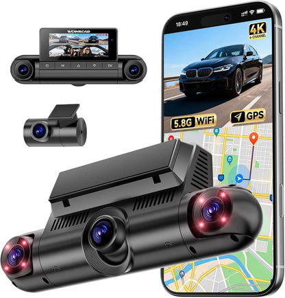 4K 4 Channel Dash Cam Front & 170° to 150° Ultra-Wide Angle 4Lenses Simultaneous Recording 5.8Ghz Wifi GPS 8 IR Lights Gravity Sensor Loop Recording 128GB SD Card Video Dashcam 4-Lens