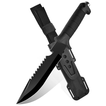 Multi Profile Kitchen Meat Cutting Knife - Black Coated Stainless Steel Fixed Blade with Segmented Textured Anti-Slip Handle for Household Food Prep, Kitchen Knives