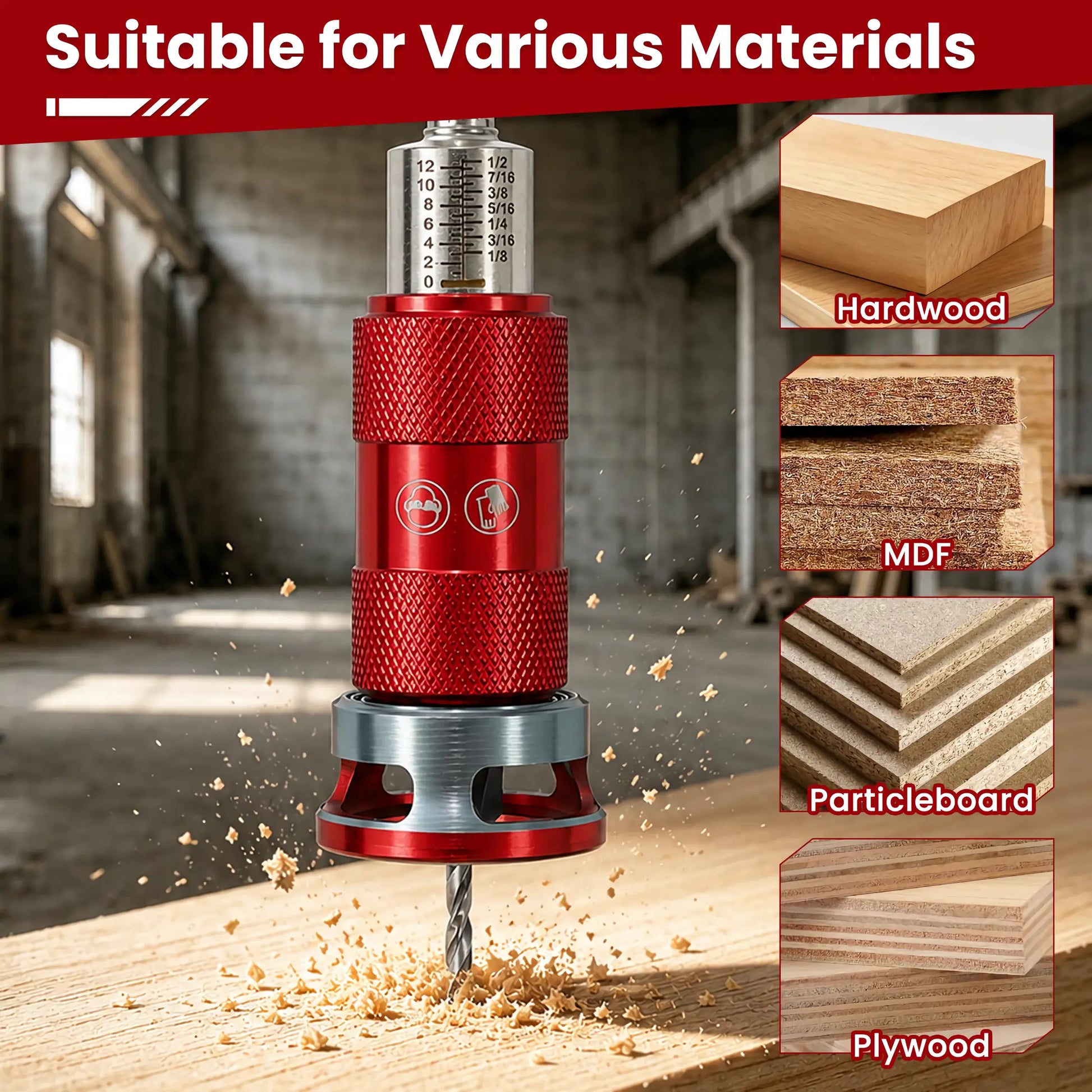 Quick Adjust Countersink Drill Bit Set with Aluminum Depth Stop Collar 5 Replaceable HSS M2 Bits 1/4 Inch Hex Shank Woodworking Tool for Hardwood and MDF