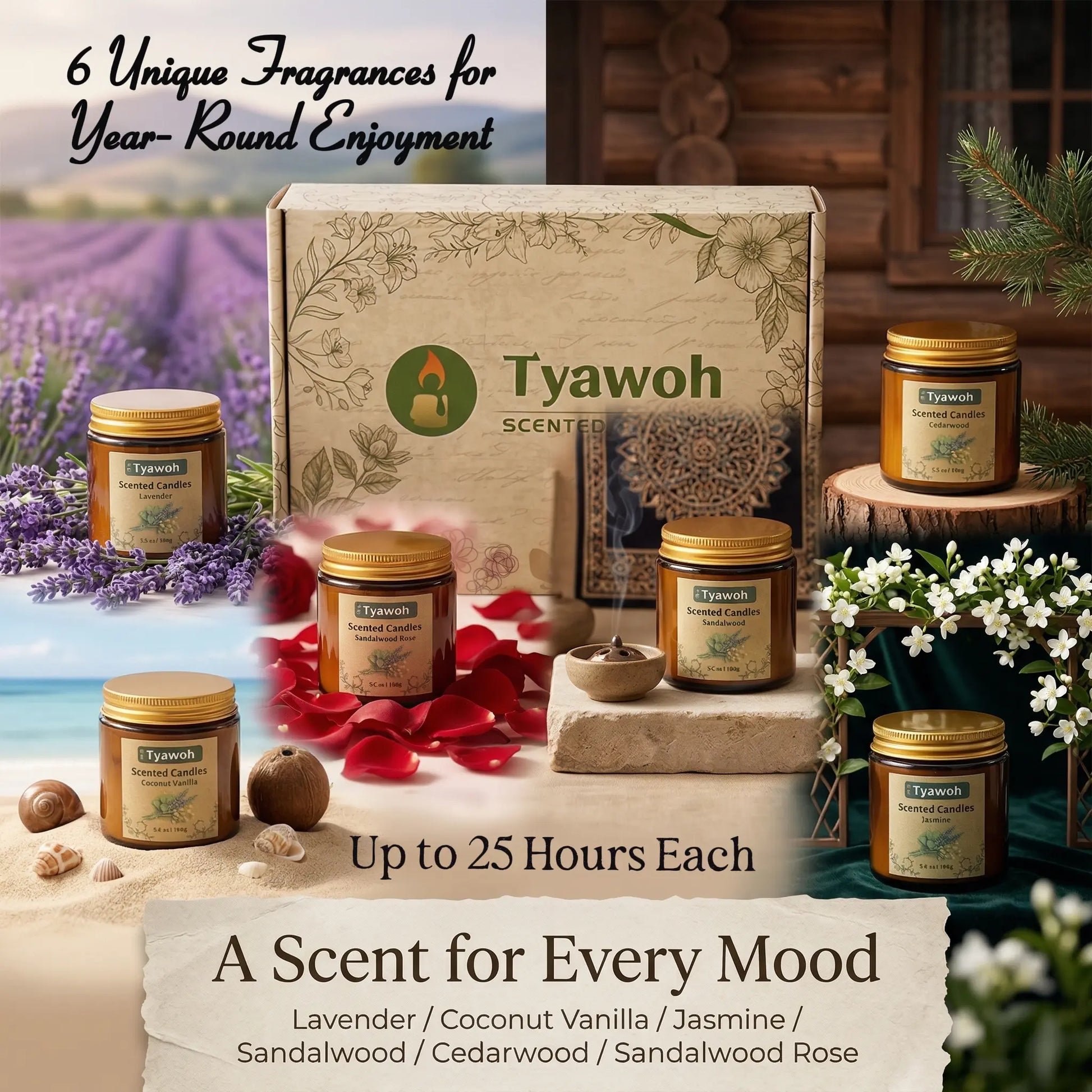 Tyawon Scented Candles for Home, 6 Pack Soy Wax Candle Set, Aromatherapy Candles, Amber Jar Vintage Apothecary Style, 6 Scents Gift Set