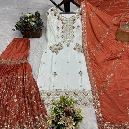 Indian Sharara - Red Traditional Dress with Floral Embroidery and Matching Accessories