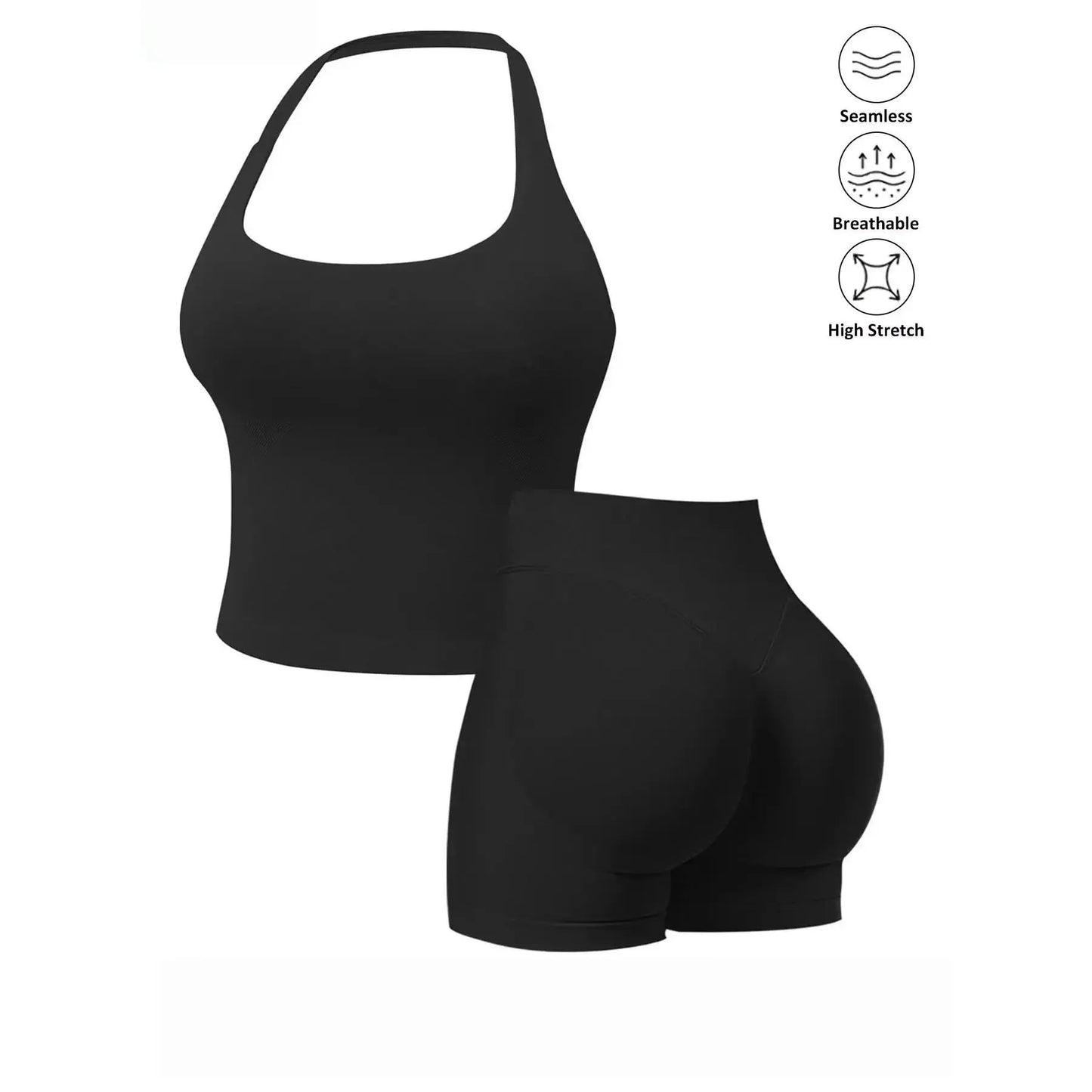 Seamless 2 Piece Workout Athleisure Sets for Women, Halter Built-In Bra Tank Top & Scrunch Booty Shorts, Breathable Quick Dry Activewear for Yoga Gym Running Summer Free Shipping