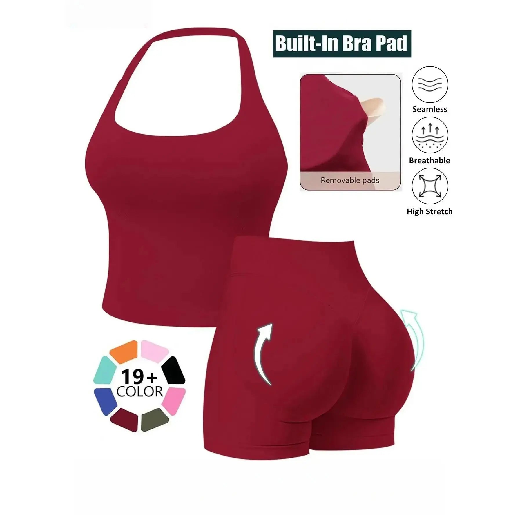 Seamless 2 Piece Workout Athleisure Sets for Women, Halter Built-In Bra Tank Top & Scrunch Booty Shorts, Breathable Quick Dry Activewear for Yoga Gym Running Summer Free Shipping