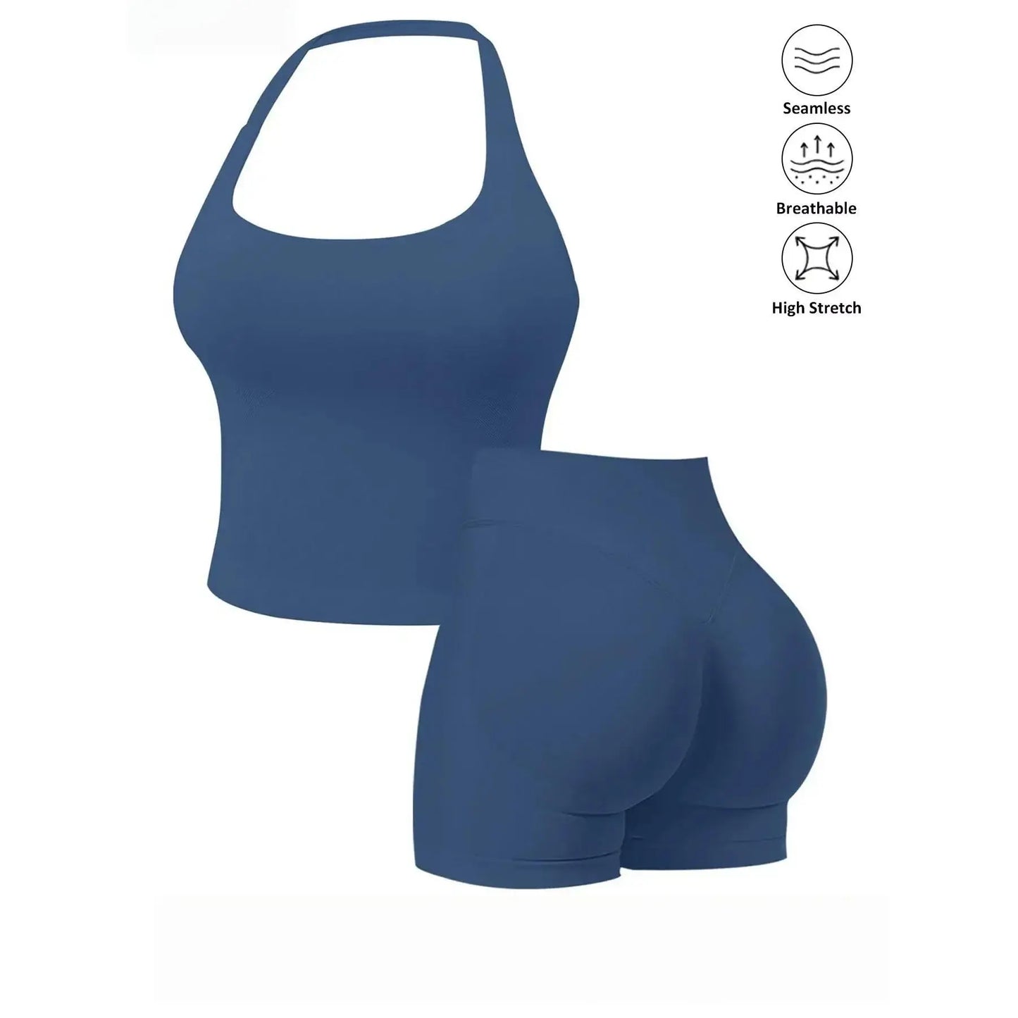 Seamless 2 Piece Workout Athleisure Sets for Women, Halter Built-In Bra Tank Top & Scrunch Booty Shorts, Breathable Quick Dry Activewear for Yoga Gym Running Summer Free Shipping